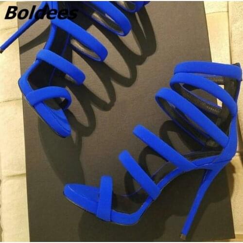 Concise Design Royal-blue Suede Sandals Women Sexy Cut-out Open Toe Stiletto Heel Dress Sandals Trend Fashion Dress Shoes
