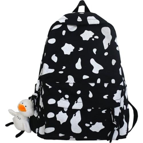 Ladies Canvas Backpack Small Fresh College Wind Cow Cute Cartoon Student School bag Speckled Personality Backpack Black/White