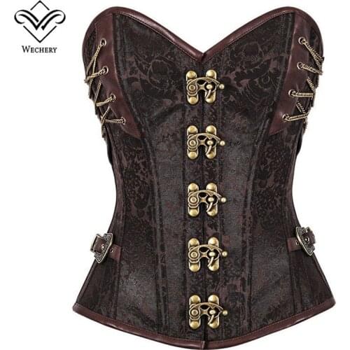 Wechery Women Sexy Vintage Steel Boned Corset Punk Brown Printed Bustier Steampunk Gothic Corsets With Buckle Lacing Up Party