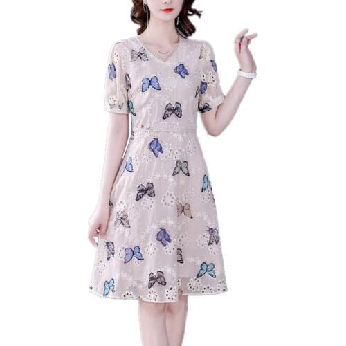 New Summer Women V-Neck Short Sleeve Hollow Out Dress High Quality Flowers Embroidery Cute Butterflies Print Chiffon Dress