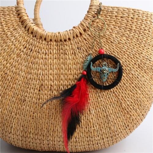 1pc Dreamcatcher Feathers Pendant With Cow Head Charms Keyring Car Men Gift Keychain Key Rings Trinket
