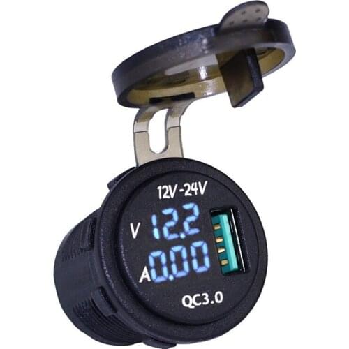 12v-24v Waterproof QC 3.0 USB Charger Socket Power Outlet with Digital Voltage Ammeter displaying for Car Boat Marine Rv camper