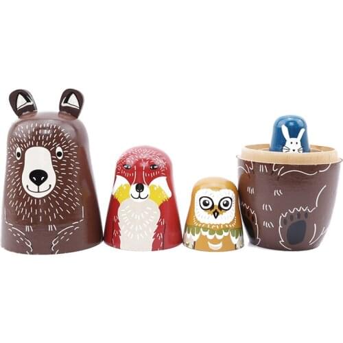 5Pcs/Set Animal Russian Dolls Wooden Bear Owl Rabbit Pattern Fun Matryoshka Dolls Baby Story Accessory Doll Toys