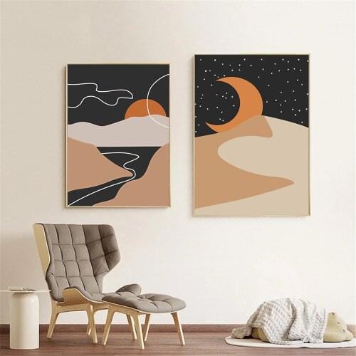 Abstract Mountain Desert Landscape Wall Art Canvas Painting Sun Moon Boho Poster Minimalist Wall Print Picture Living Room Decor