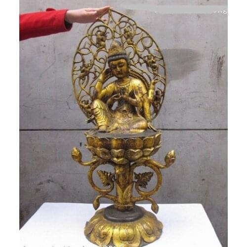 Bi00833 37"Tibet Bronzer Gilt Six Arm Bodhisattva elegant flower Kwan-Yin Buddha Statue