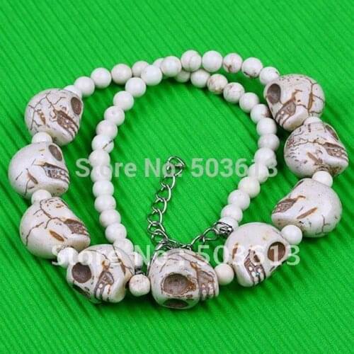 One piece Howlite stone Carved Skull Beads Necklaces 18'L cn1019