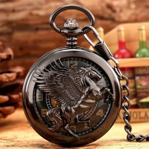 Bronze Flying Horse Display Mechanical Pocket Watch Hand Winding Mechanism Fob Chain Pendant Clock New 2021 Antique Watch Gifts