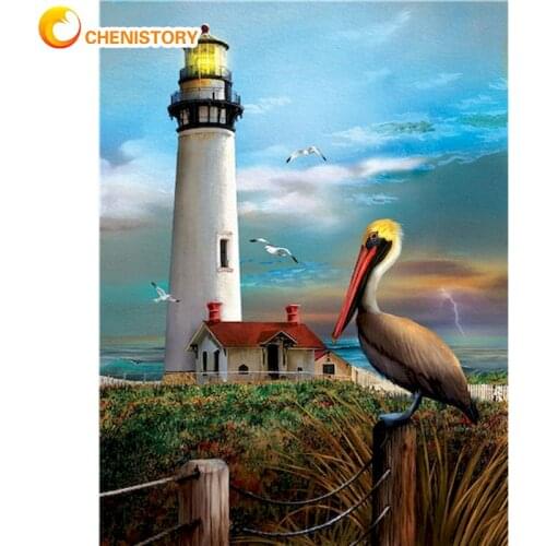 CHENISTORY Painting By Number Mountain Seaside Lighthouse Landscape Oil Picture By Number 60x75cm Framed Home Decor Artwork