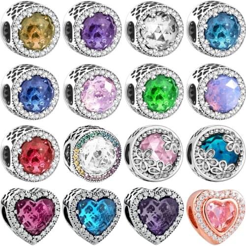 Colored Round Heart Stone CZ s925 Silver Charms Beads Pendant Fit Original Charms Bracelets for Necklace Women Girl Jewelry Gift