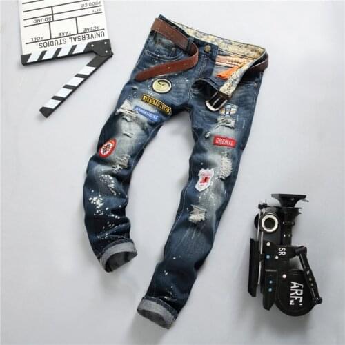 Denim jeans man splash ink old fashion pants mens ripped jeans badge straight European style