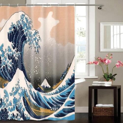 Japanese Style Shower Curtain Set Kanagawa Great Wave Non-Slip Rugs Toilet Lid Cover and Bath Mat Sea Waves Pattern Bath Curtain