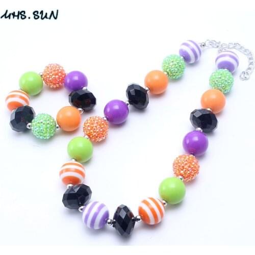 MHS.SUN 2sets Halloween Style Kid Chunky Necklace Jewelry Set Fashion Girl Children Bubblegum Bead Chunky Necklace&Bracelet Set