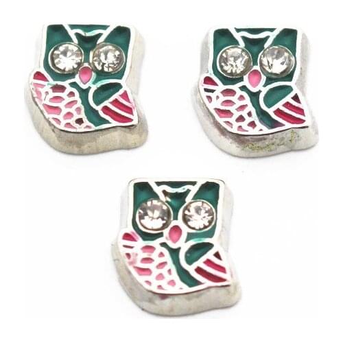 Hot Sale 10pcs/lot Metal Enamel Owl Rhinestone Floating Charms For Living Glass Floating Lockets Pendant Necklace DIY Jewelry