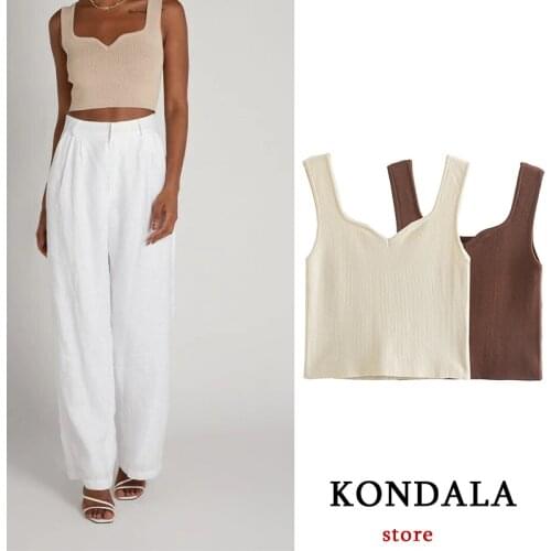 KONDALA Summer 2021 New Women White Brown Solid Tank Top Vintage Solid Blackless Knitted Za Vest Girls Casual Chic Mujer Blouse