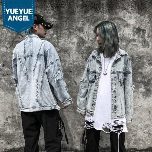 Fashion Mens Washed Denim Jacket Casual Hip Hop Loose Fit Jeans Coat Single Breasted Unisex Hole Ripped Streetwear Tassel Jacket