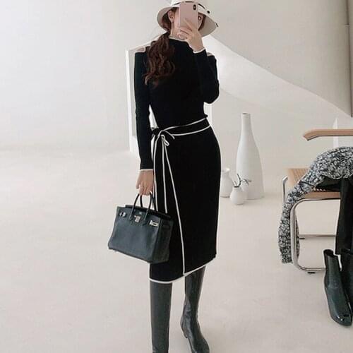 Fashion Autumn Winter Female Basic Bodycon Skinny Black Midi Party Dress Ladies Elegant Hollow knitted Elasticity Belted Dress