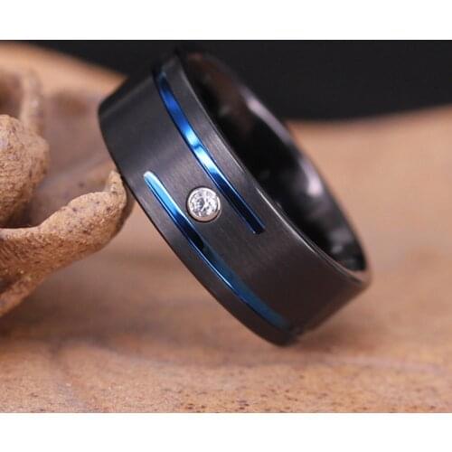 Mens Charm 8mm Black Tungsten Carbide Bands Blue Groove Finger Rings For Men White 5A Zircon Wedding Jewelry