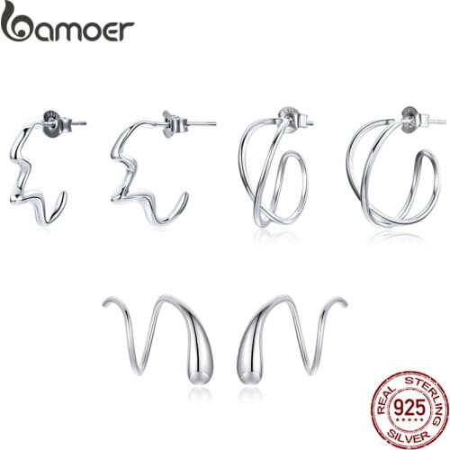 Bamoer Authentic 925 Sterling Silver Personality Simple Wave Intertwined Love Stud Earrings for Women DIY Silver Jewelry SCE1195