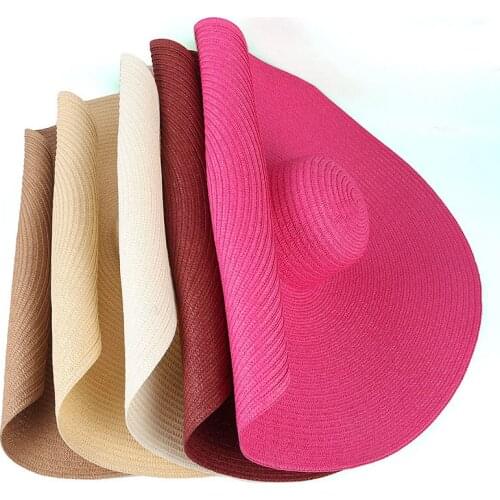 25cm Wide Brim Solid Color Collapsible Women Straw Hat Sun Protection Big Brim Summer Dome Beach Hat Sun Visor Cap