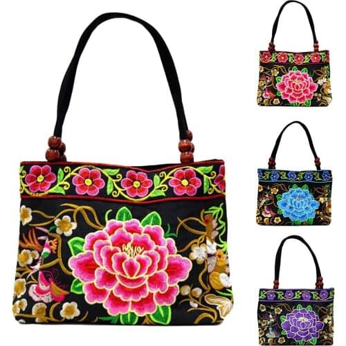 Womens Ethnic Peony Embroidery Handbag Beaded Handle Zip Canvas Tote Bag Small Top Handle Beach Travel Bag