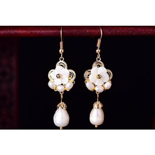 Pearl Flowers Drop Earrings Red Amulet Fashion Natural Charm Jewelry Gifts for Women Her