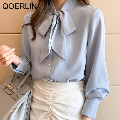 QOERLIN Bow Tie Button Cuff Women Blouse Elegant Long Sleeve Shirts Office Ladies Plus Size Single Breasted Solid Spring Shirt