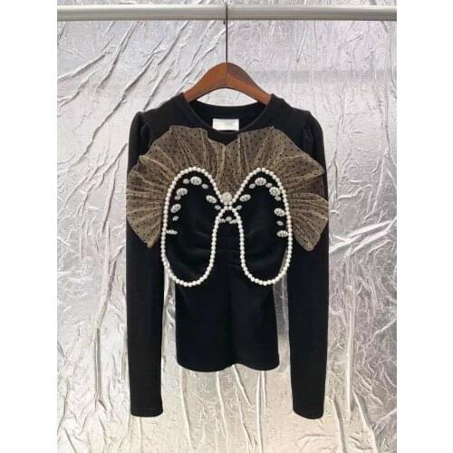 Long Sleeves Black Blouse Mesh Dot Print Patchwork Diamonds Pearl Femme All-match Women Blouse Pullover Top