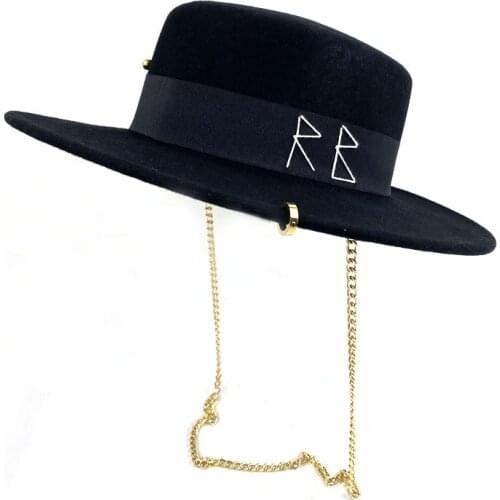 2021 hat female autumn and winter retro embroidery letter golden chain fashion flat top hat fedora hat wild wool top hat