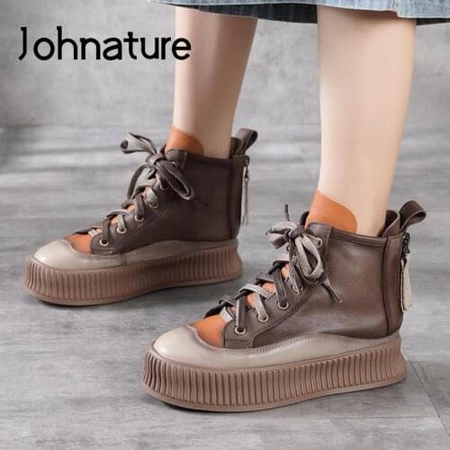 Johnature Mixed Colors Women Shoes Platform Boots Genuine Leather 2021 New Lace-Up Flat With Round Toe Handmade Ladies Boots