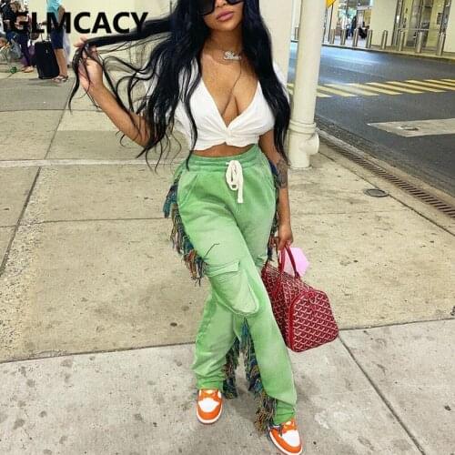 Women Casual Drawstring Tassels Pants Chic High Street Trousers