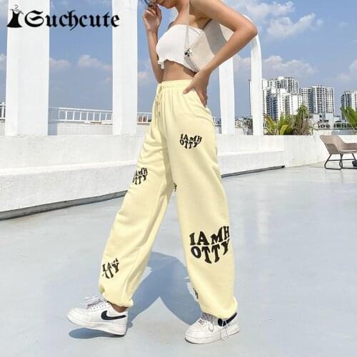SUCHCUTE Letter Print Women Tie Feet Pants Hight Wiast Casual Korean Fashion Joggers Harajuku Sweatpants Streetwear Trousers 90s
