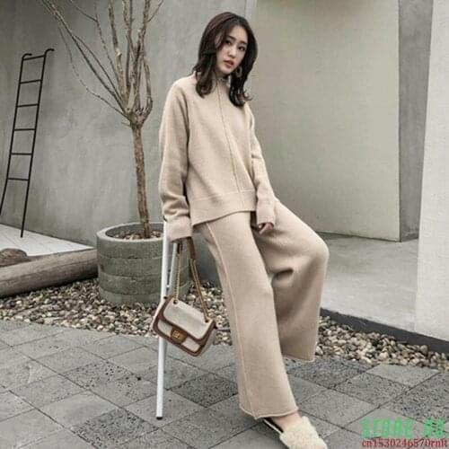 2021 Autumn Winter Thick Knitted Two Pieces Set Women Warm Half Turtleneck Pullover Sweater+Wide Leg Pants Warm Sweater Suit