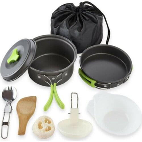 11pcs/set Outdoor Camping Cookware Set Plastic Handle Picnic Cooking Equipment Backpacking Hiking Tableware Set for 2-3 Persons