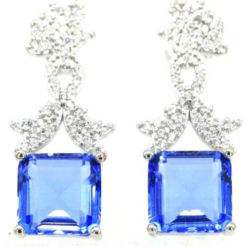 44x28mm Pertty Flowers Shape Created Violet Tanzanite White CZ Gift For Sister Silver Earrings