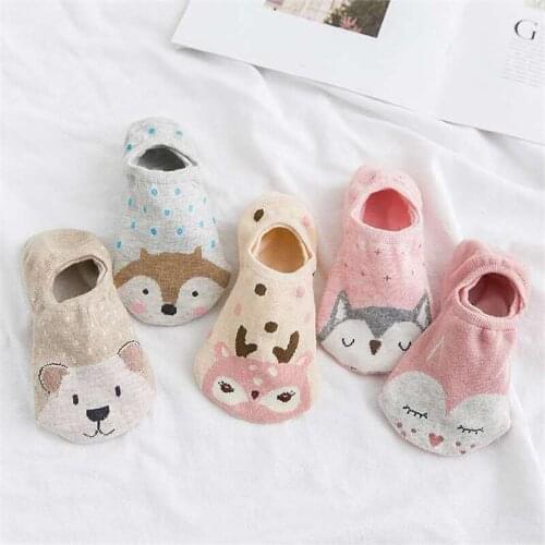 5 Pairs/Lot Novelty Kawaii Boat Socks Women Cute Cat Bear Fox Animal Cartoon Socks Slippers Sweet Happy Funny Pink Socks Cotton
