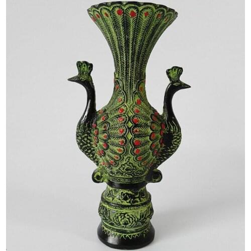 Antique Bronze Chinese Double Peacock Vase Jar Collectibles Home Decoration