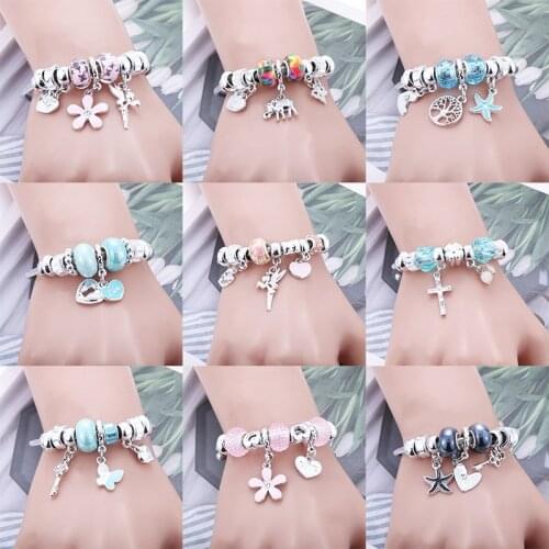 Elephant beaded bracelet Love Heart Feather Charm Bracelets For Women Men Original Crystal Flowers Beaded Bangle Gift