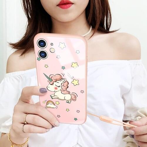 Unicorn Liquid silicone Tempered Glass Case For iPhone 11 Pro Max 11 pro 6.5 XS Max 7 8 Plus se 2 glass phone case lens Protect