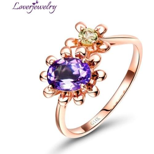 Wonderful Style Solid 14K Rose Gold Purple Amethyst Peridot Promised Flower Ring For Women Anniversary Genuine Fine Jewelry