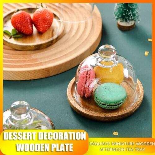 Dessert Decoration Wooden Plate Mini Cake Dessert Dish Glass Lid and Plate Set Wood Dishes Mousse Snack Tray Wood Base Plate
