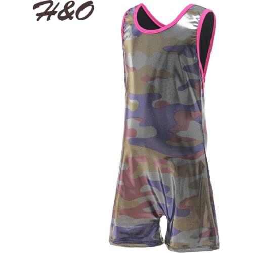 H&O Kids Girls Teenage Children Sleevelesss Round Neck Shiny Camouflage Ballet Dance Gymnastics Leotard Jumpsuit Unitard