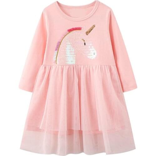Fashion Kids Girls Unicorn Mesh Princess Sequins Dress Autumn Baby Cotton Embroidery Patchwork Dresses Children Licorne Clothing