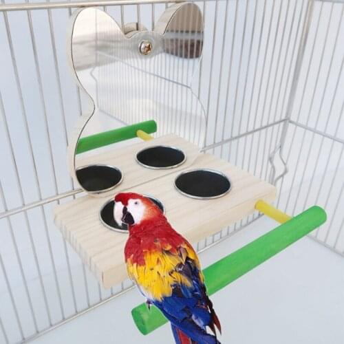 Parrot Mirror Play Stand Platform Birds Wooden Toys Perch With Stainless Steel Bird Food Cups Birds Cage Accessories Supplies