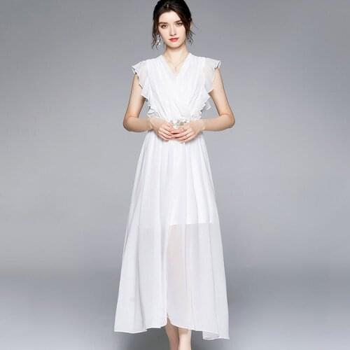 New White Chiffon Dress Women Summer 2021 Elegant Fashion Sexy V-Neck Sleeveless Embroidered Flares Slim Dress