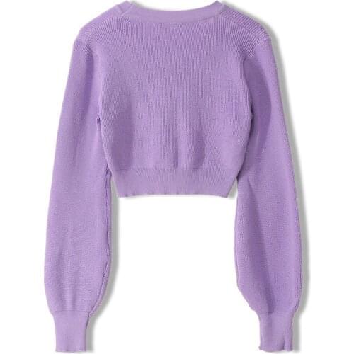 Autumn Women Purple Sweater Bow Sequined Cropped Knitted Elegant Cardigan Vintage Long Sleeve Female Outerwear Slim Jumpers