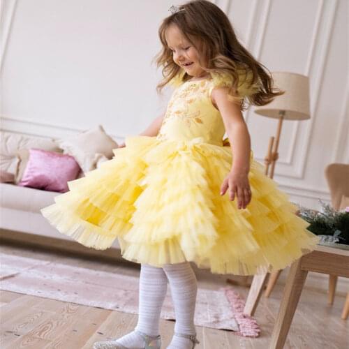 Real Photo Yellow Flower Girl Dresses for Wedding Party Ball Gown Baby Girl Birthday Gown Girls Pageant Dress