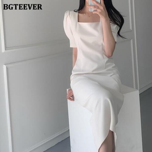 BGTEEVER Elegant Square Collar Women Pencil Dresses Puff Sleeve Solid Dresses Female Office Wear Vestidos femme 2021