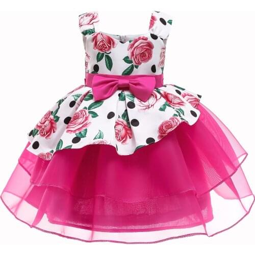 Floral Rose Girls' Dresses New Printed Mesh Dress Childrens Princess Fluffy Yarn Toddler Girl Dress Red Party Clothing
