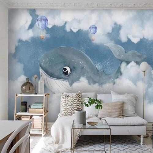 Customized 3D mural wallpaper modern contracted hand-painted childrens room whale love sea bedroom decoration background wall