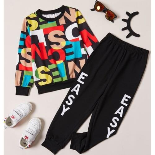 PatPat 2-piece Kid Girl Letter Print Colorful Long-sleeve T-shirt and Elasticized Black Pants Set